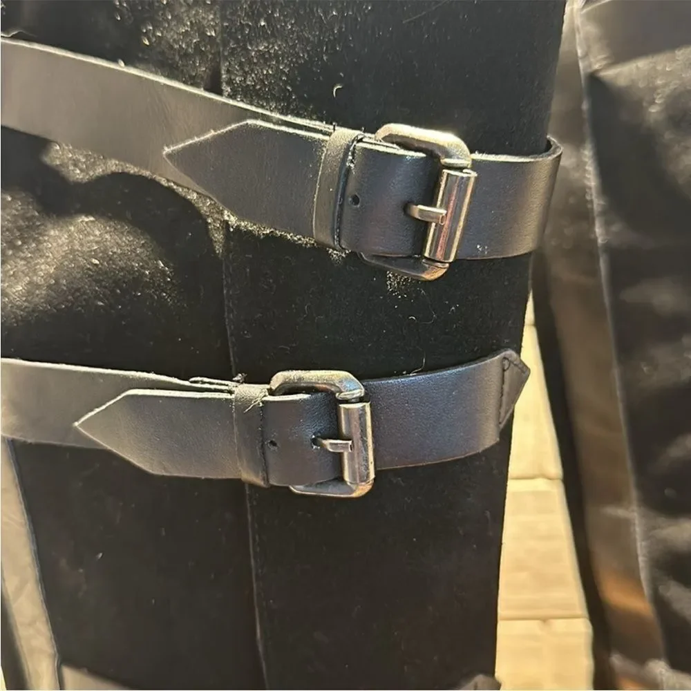 New Free People Tristie Buckle Strap Knee-High Biker Boots Black Leather US 9